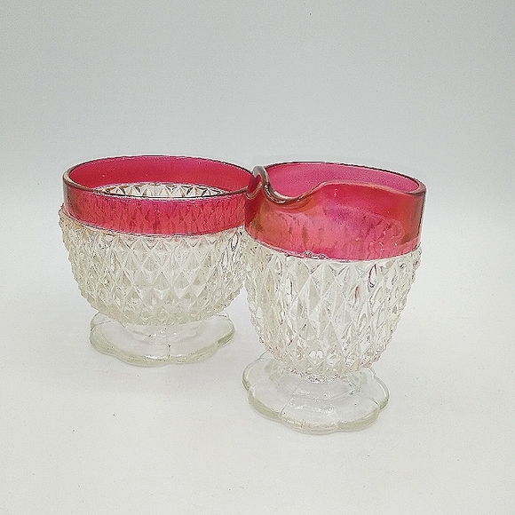 Indiana Glass Ruby Flash Diamond Point Pressed Glass Creamer Sugar Bowl Vintage - Picture 2 of 13
